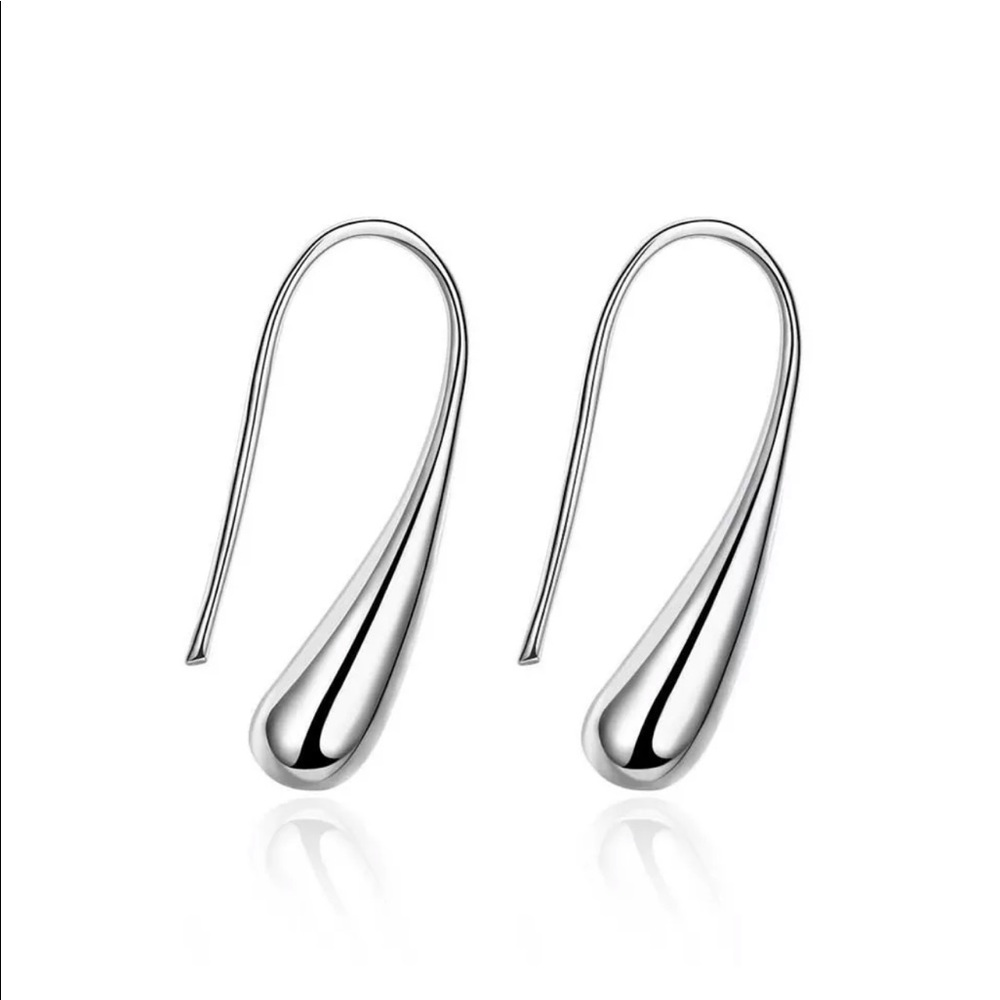 18K White Gold Plated Drop Dangle Hook Earrings 1” - Picture 2 of 3